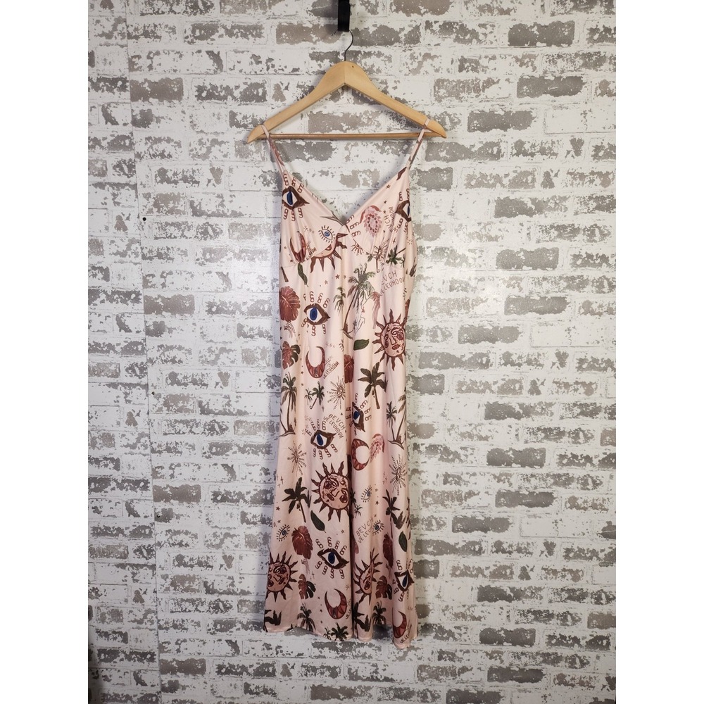 Celestial Sun & Moon Print Cami Dress Size Large Pink Hippie Festival Whimsigoth